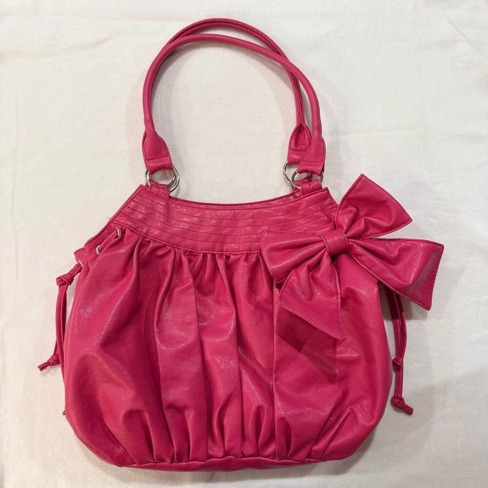 Y2K Hot Pink Slouchy Ruched Shoulder Bag w/ Oversized Bow